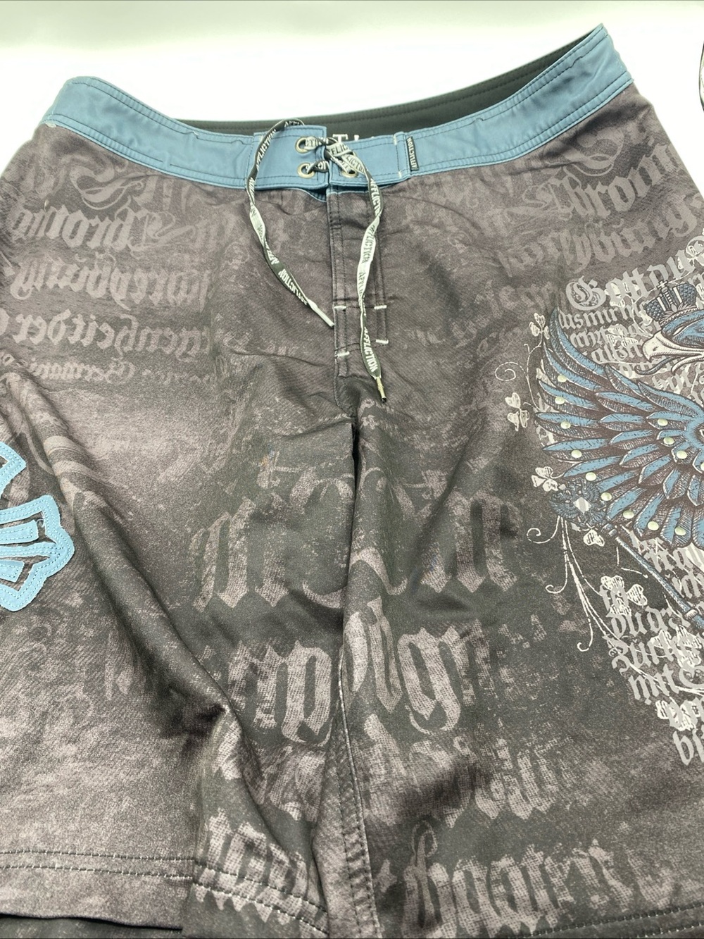 Affliction Board Shorts Studded Skull Cross Grunge Size 38 Baggy Swim